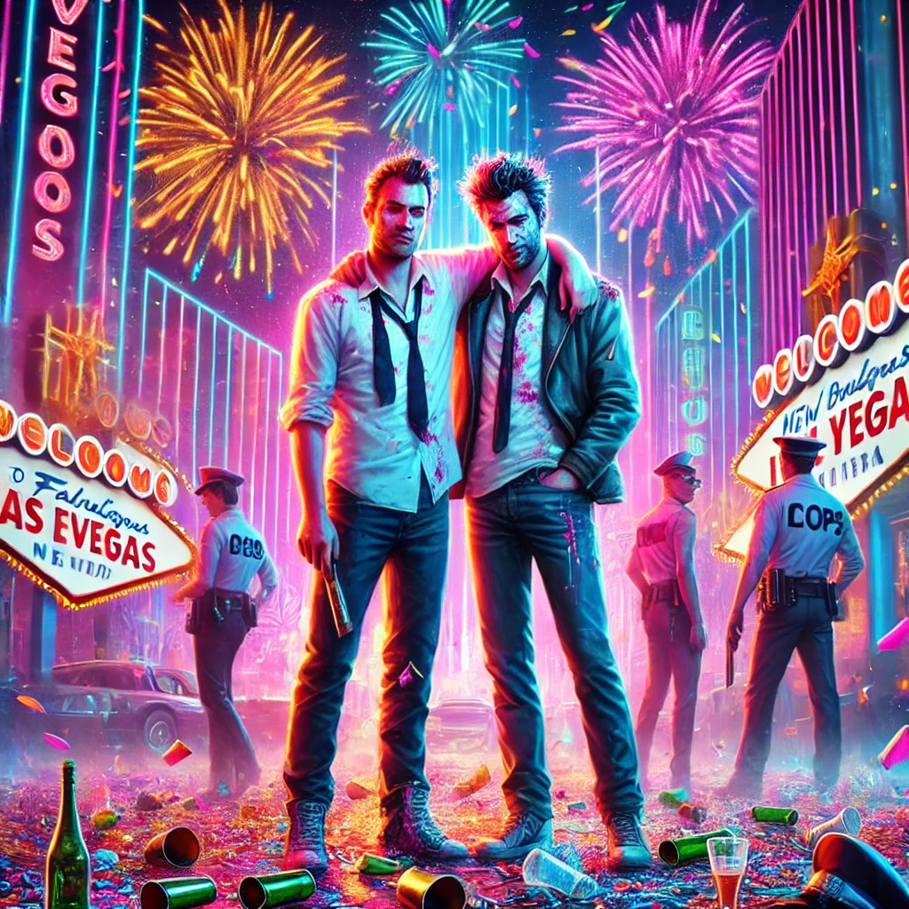 Here's the vibrant New Year's Eve reunion scene of Jax and Drake amidst the chaos and neon-lit atmosphere of Vegas!