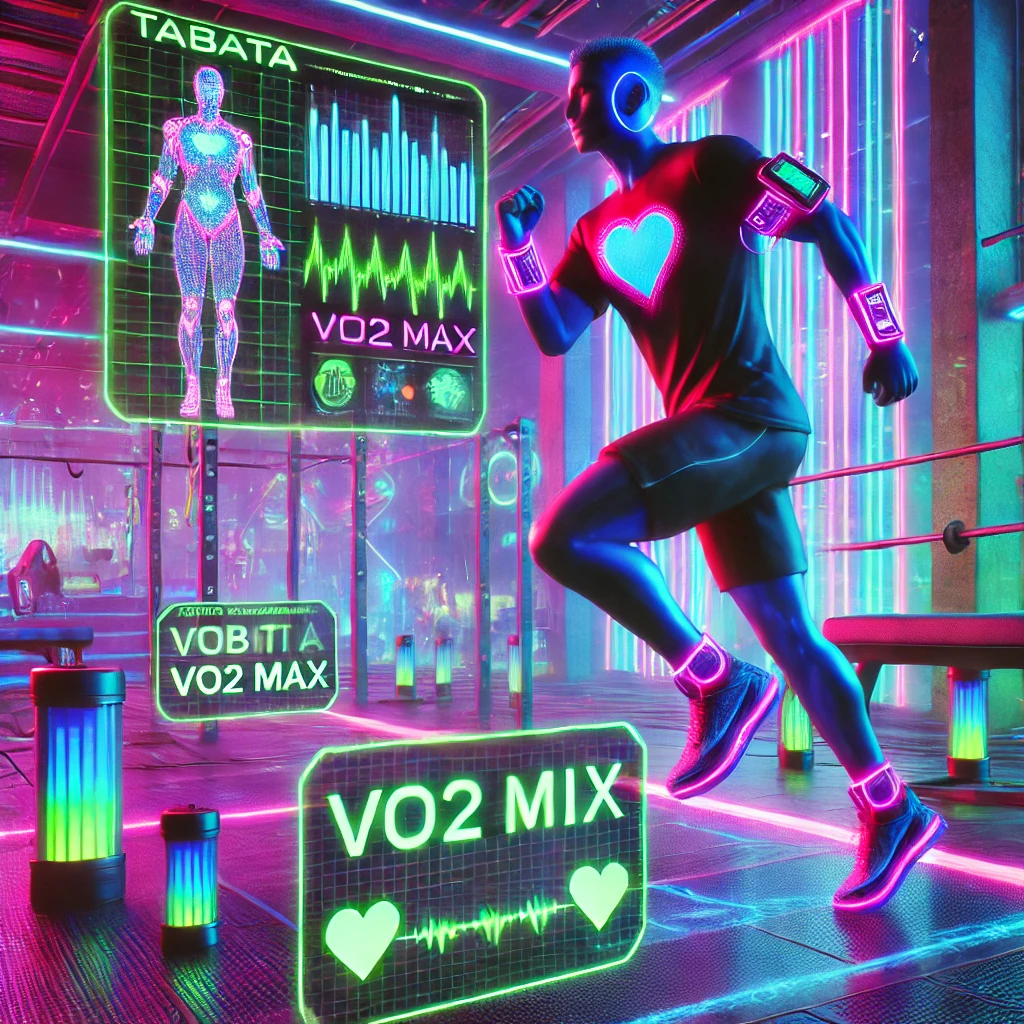 Here is the neon-themed futuristic image of a person performing a Tabata workout while using high-tech devices to measure VO2 max.