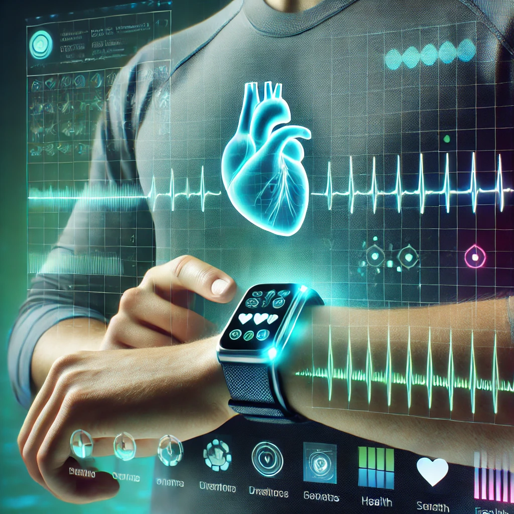 A scientific-themed image of a human figure wearing a wearable device on their wrist, emitting neon blue and green lights. The wearable displays heartbeat waveforms and health data, representing Heart Rate Variability (HRV) tracking. The background features a sleek, futuristic design with subtle data grids and glowing interfaces, evoking a high-tech laboratory environment.